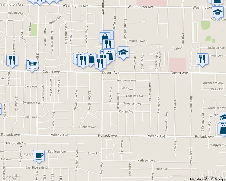 map of restaurants, bars, coffee shops, grocery stores, and more near 1730 Dianne Avenue in Evansville
