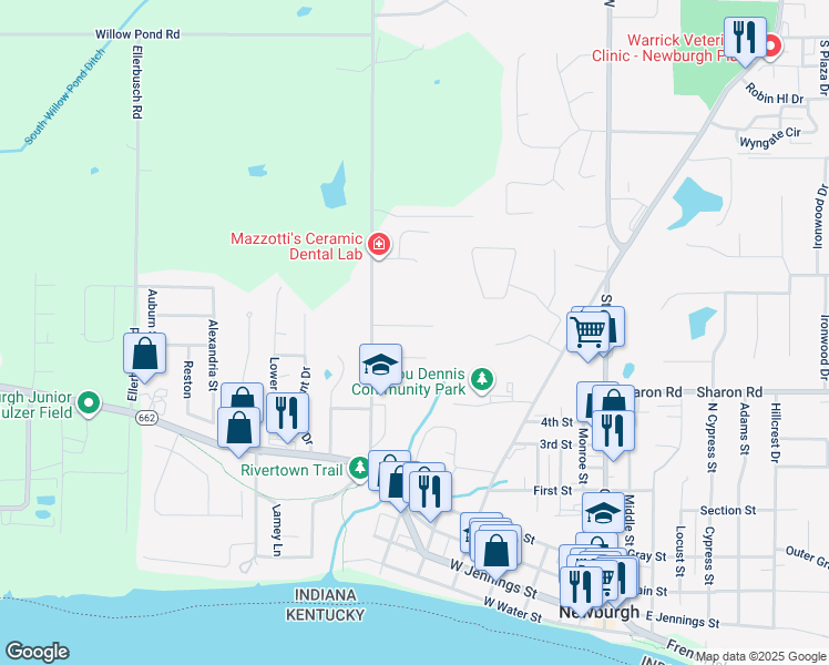 map of restaurants, bars, coffee shops, grocery stores, and more near 8911 Woodland Drive in Newburgh