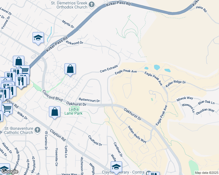 map of restaurants, bars, coffee shops, grocery stores, and more near 1840 Eagle Peak Avenue in Clayton