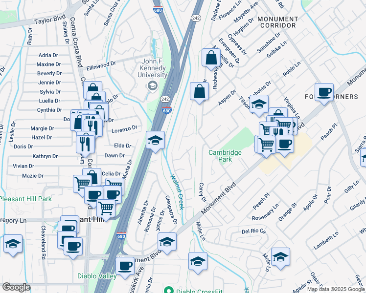 map of restaurants, bars, coffee shops, grocery stores, and more near 1174 Brookview Drive in Concord