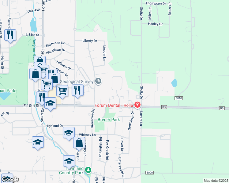 map of restaurants, bars, coffee shops, grocery stores, and more near 1511 Timber Creek Road in Rolla