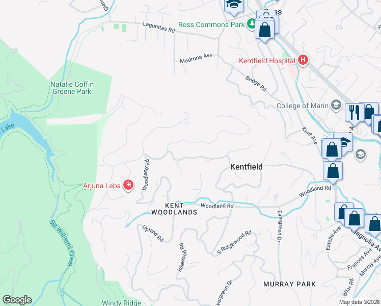 map of restaurants, bars, coffee shops, grocery stores, and more near 320 Goodhill Road in Kentfield