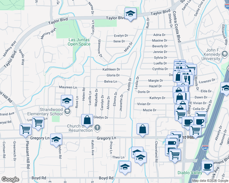 map of restaurants, bars, coffee shops, grocery stores, and more near 1912 Elinora Drive in Pleasant Hill