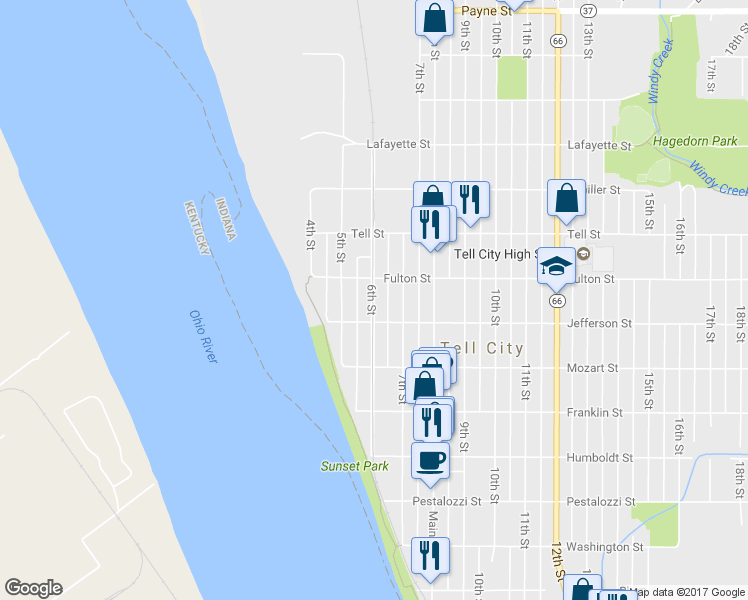 map of restaurants, bars, coffee shops, grocery stores, and more near 6th Street in Tell City