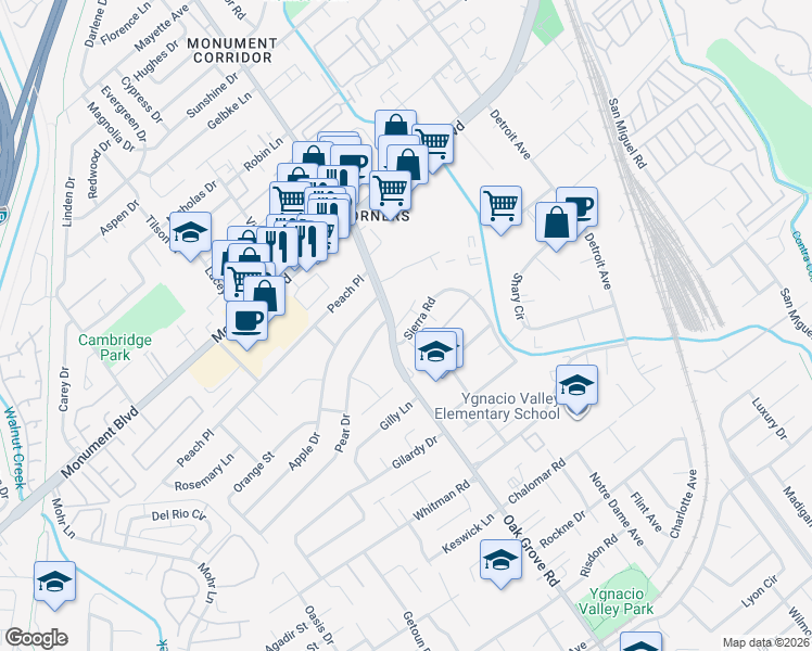 map of restaurants, bars, coffee shops, grocery stores, and more near 2005 Sierra Road in Concord
