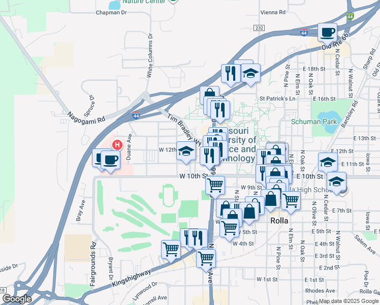 map of restaurants, bars, coffee shops, grocery stores, and more near 801 West 12th Street in Rolla