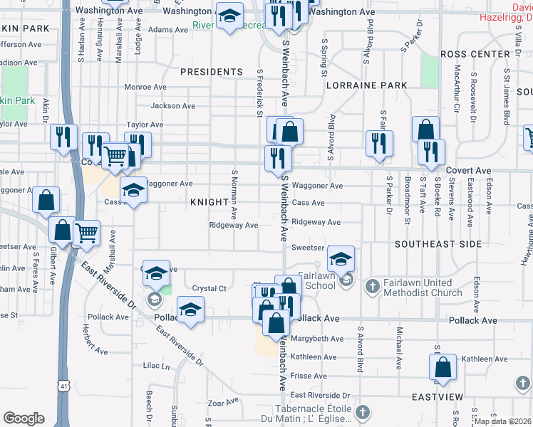 map of restaurants, bars, coffee shops, grocery stores, and more near 1712 South Frederick Street in Evansville
