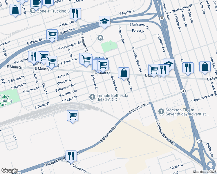 map of restaurants, bars, coffee shops, grocery stores, and more near 744 Sullivan Avenue in Stockton