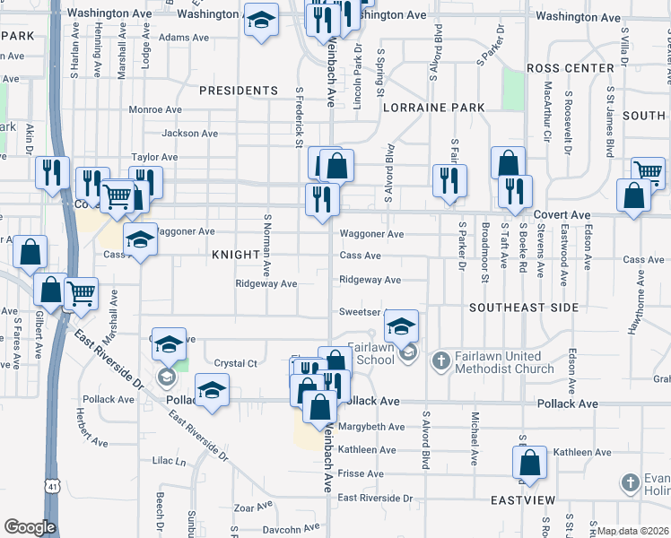 map of restaurants, bars, coffee shops, grocery stores, and more near 1710 South Weinbach Avenue in Evansville