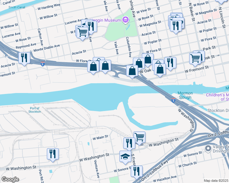map of restaurants, bars, coffee shops, grocery stores, and more near 600 Buena Vista Avenue in Stockton