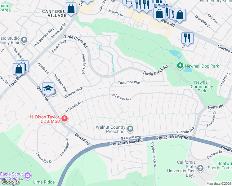 map of restaurants, bars, coffee shops, grocery stores, and more near 4466 Pinon Court in Concord