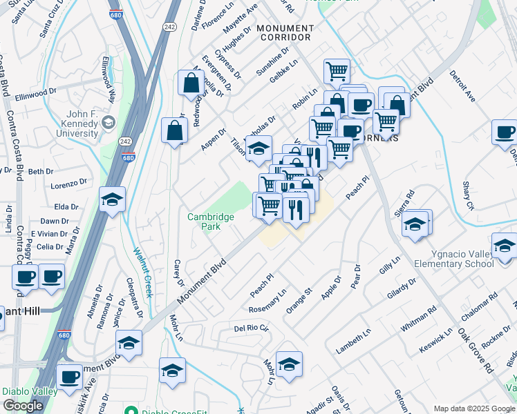 map of restaurants, bars, coffee shops, grocery stores, and more near 1121 Eureka Lane in Concord
