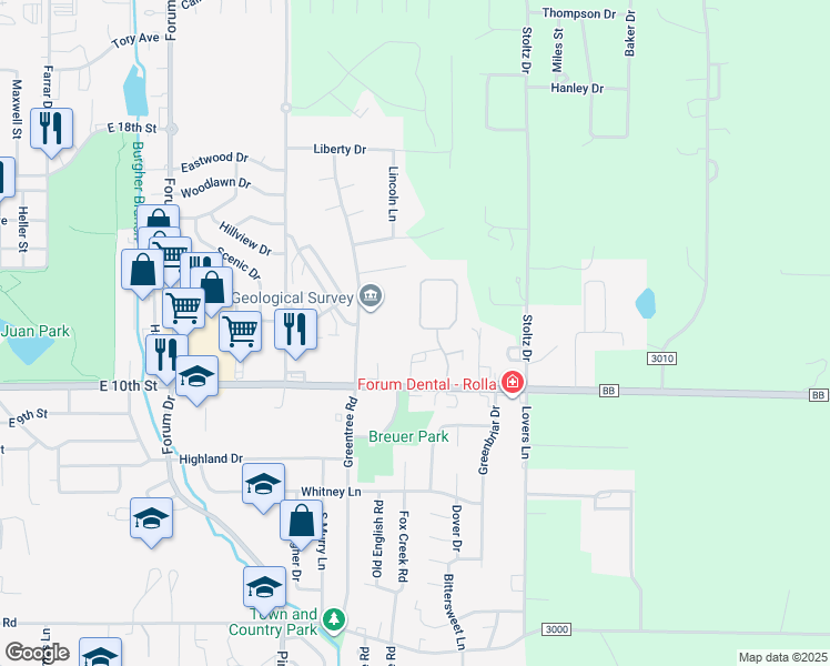 map of restaurants, bars, coffee shops, grocery stores, and more near 1515 Timber Creek Road in Rolla