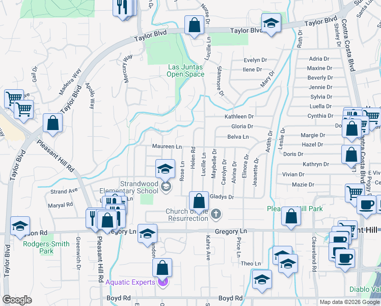 map of restaurants, bars, coffee shops, grocery stores, and more near 1906 Helen Road in Pleasant Hill