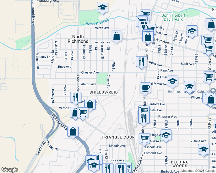 map of restaurants, bars, coffee shops, grocery stores, and more near 1357 Cherry Street in Richmond