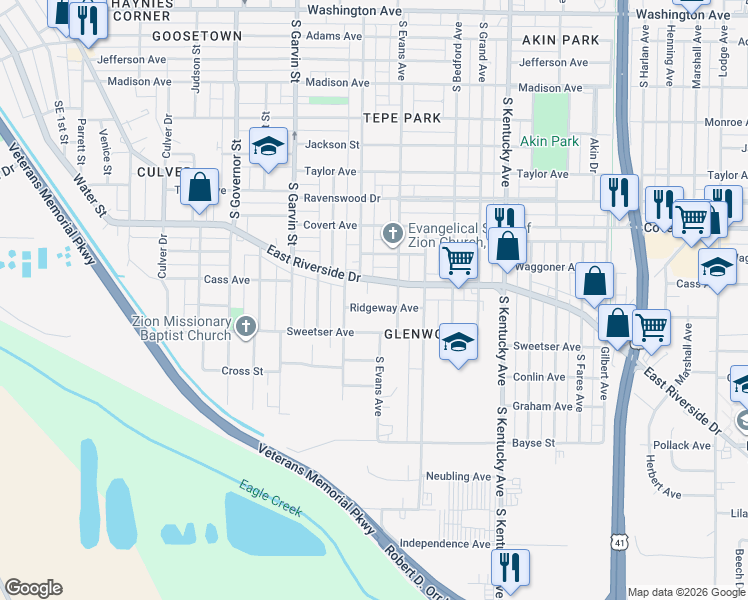 map of restaurants, bars, coffee shops, grocery stores, and more near 730 Ridgeway Avenue in Evansville