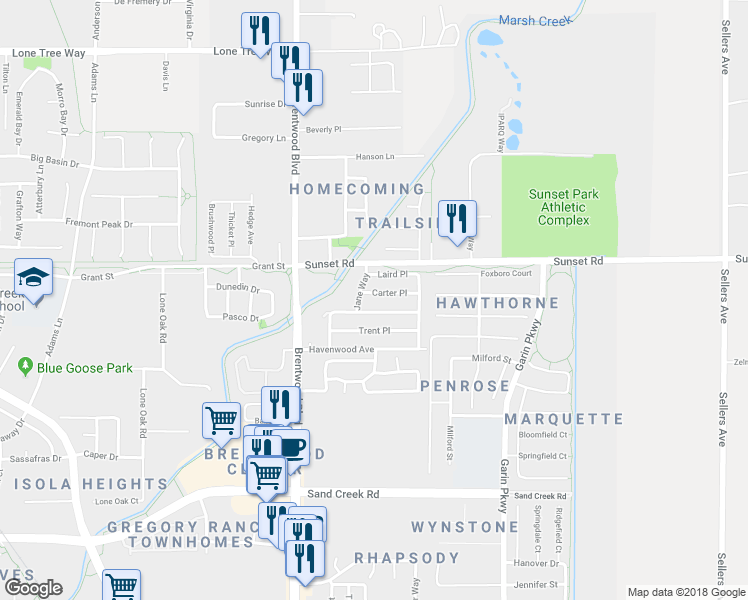 map of restaurants, bars, coffee shops, grocery stores, and more near 212 Carter Place in Brentwood