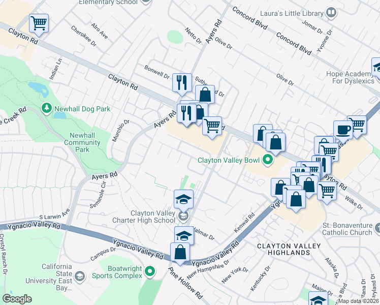 map of restaurants, bars, coffee shops, grocery stores, and more near 5157 Greenmeadow Drive in Concord