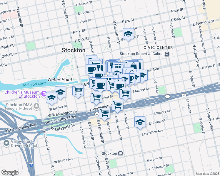 map of restaurants, bars, coffee shops, grocery stores, and more near 2 North San Joaquin Street in Stockton