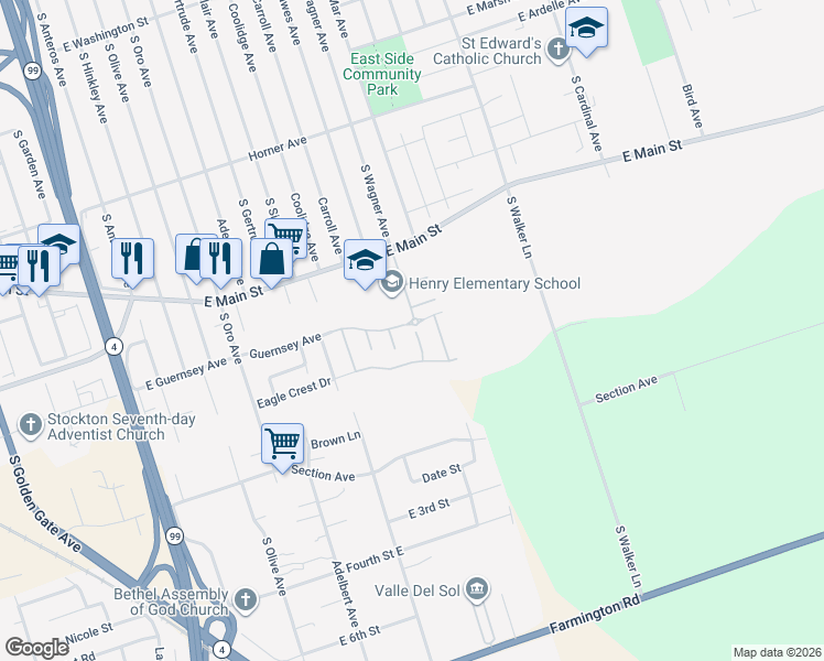 map of restaurants, bars, coffee shops, grocery stores, and more near 4798 East Main Street in Stockton