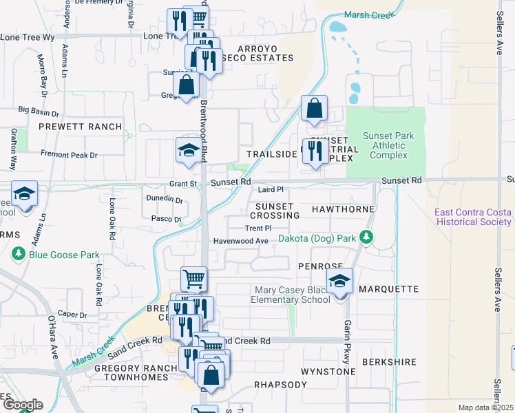map of restaurants, bars, coffee shops, grocery stores, and more near 1905 Jane Way in Brentwood