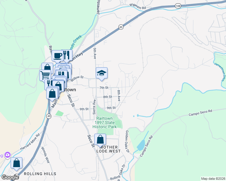map of restaurants, bars, coffee shops, grocery stores, and more near 10579 7th Street in Jamestown