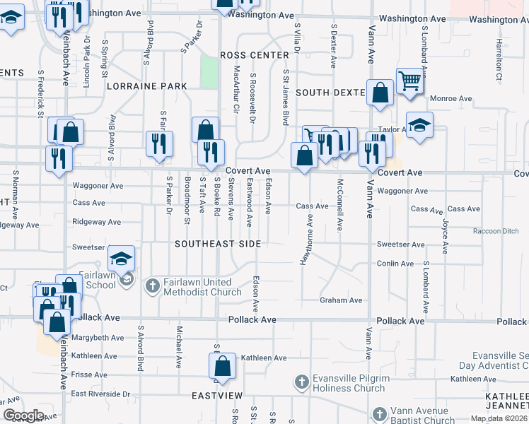 map of restaurants, bars, coffee shops, grocery stores, and more near 1709 Edson Avenue in Evansville