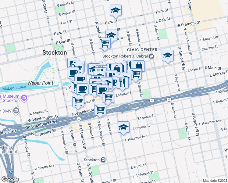 map of restaurants, bars, coffee shops, grocery stores, and more near 521 East Market Street in Stockton