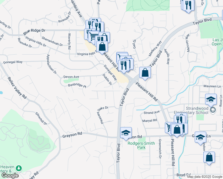 map of restaurants, bars, coffee shops, grocery stores, and more near 47 Dublin Drive in Pleasant Hill
