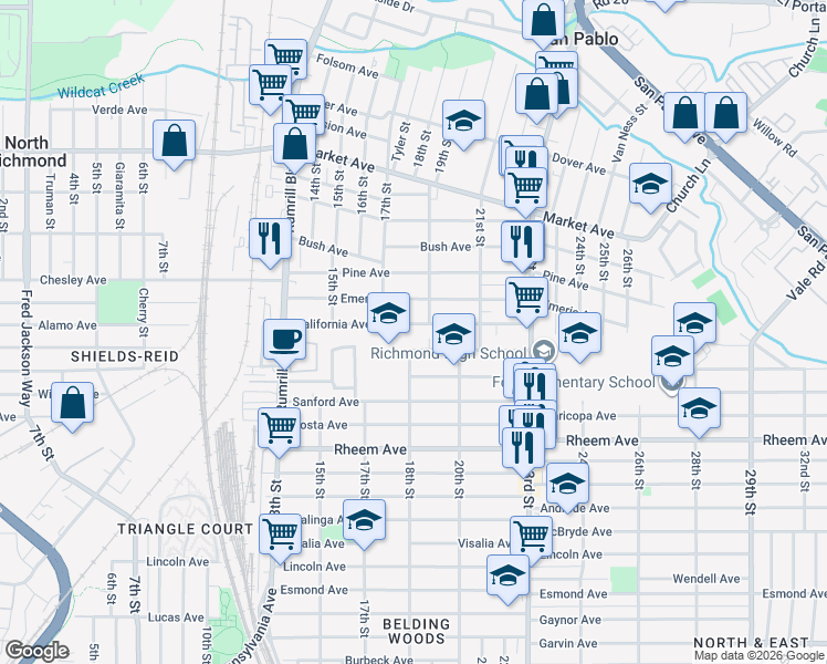 map of restaurants, bars, coffee shops, grocery stores, and more near 1750 California Avenue in San Pablo