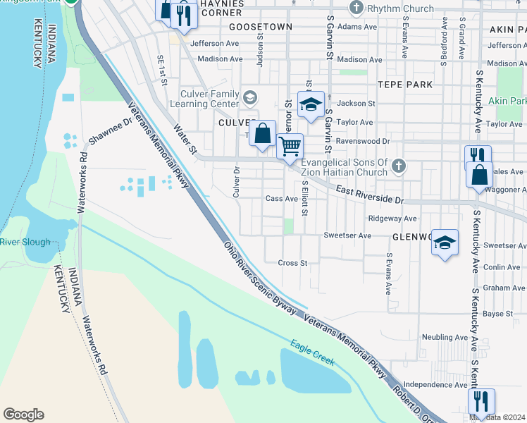 map of restaurants, bars, coffee shops, grocery stores, and more near 300 Ridgeway Avenue in Evansville