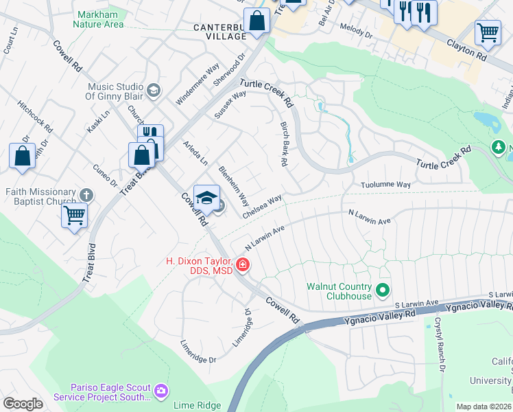 map of restaurants, bars, coffee shops, grocery stores, and more near 1251 Chelsea Way in Concord