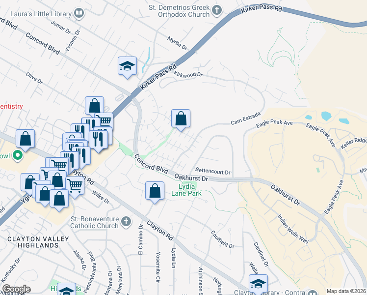 map of restaurants, bars, coffee shops, grocery stores, and more near 1833 Camino Estrada in Concord