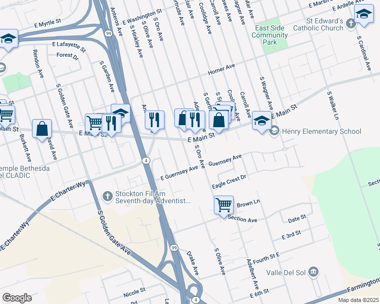 map of restaurants, bars, coffee shops, grocery stores, and more near 1124 South Olive Avenue in Stockton