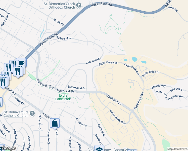 map of restaurants, bars, coffee shops, grocery stores, and more near 1840 Eagle Peak Avenue in Clayton