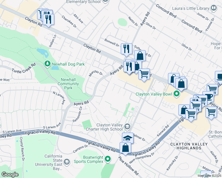 map of restaurants, bars, coffee shops, grocery stores, and more near 1381 Lichen Court in Concord