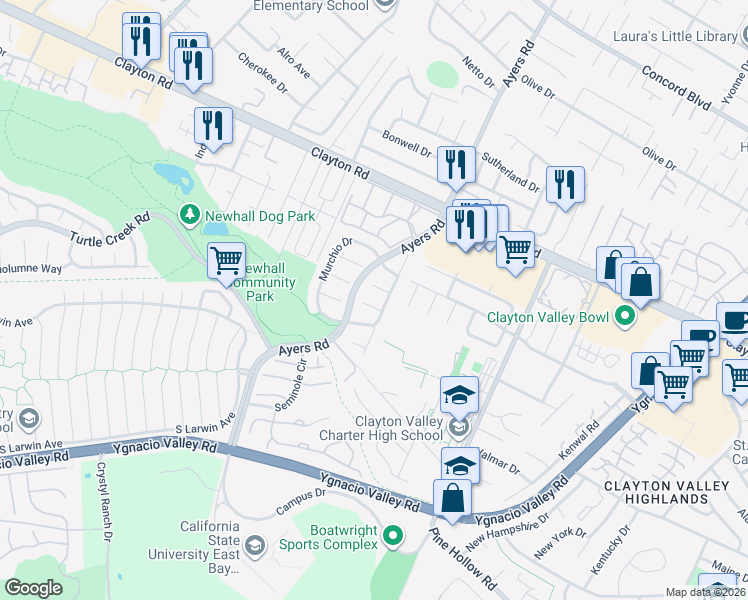 map of restaurants, bars, coffee shops, grocery stores, and more near 5074 Saint Patricia Court in Concord