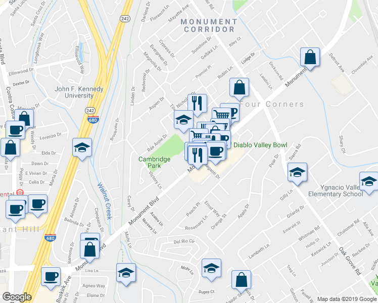 map of restaurants, bars, coffee shops, grocery stores, and more near 1121 Eureka Lane in Concord