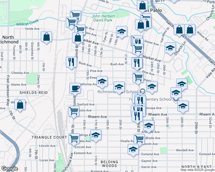 map of restaurants, bars, coffee shops, grocery stores, and more near 1750 California Avenue in San Pablo
