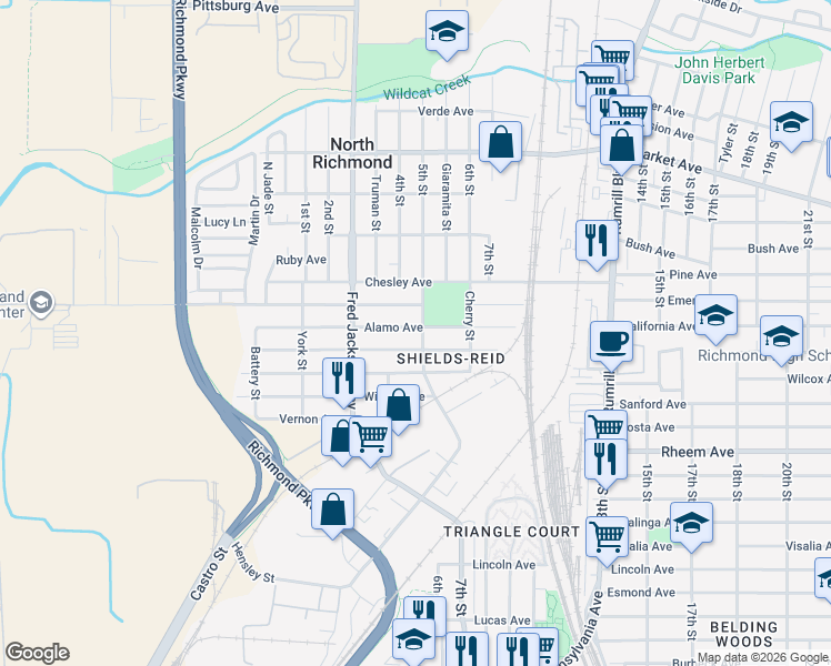 map of restaurants, bars, coffee shops, grocery stores, and more near 1340 Kelsey Street in Richmond