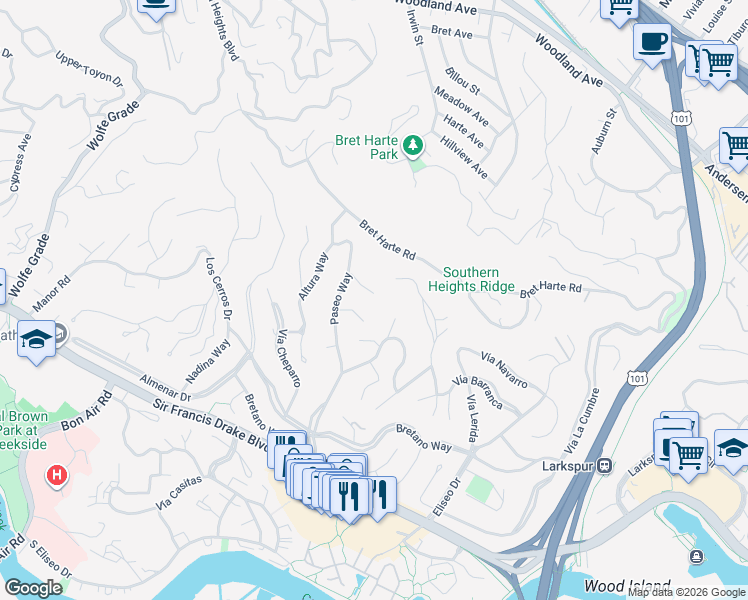 map of restaurants, bars, coffee shops, grocery stores, and more near 79 Corte Baristo in Larkspur