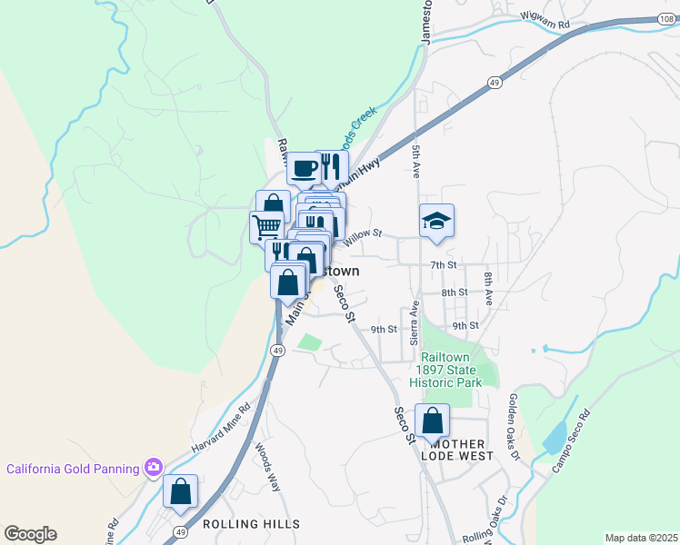 map of restaurants, bars, coffee shops, grocery stores, and more near 18189 Seco Street in Jamestown