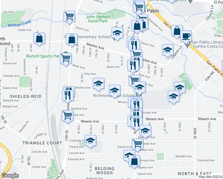 map of restaurants, bars, coffee shops, grocery stores, and more near 1920 California Avenue in San Pablo