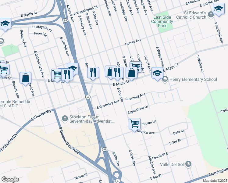 map of restaurants, bars, coffee shops, grocery stores, and more near 1124 South Olive Avenue in Stockton