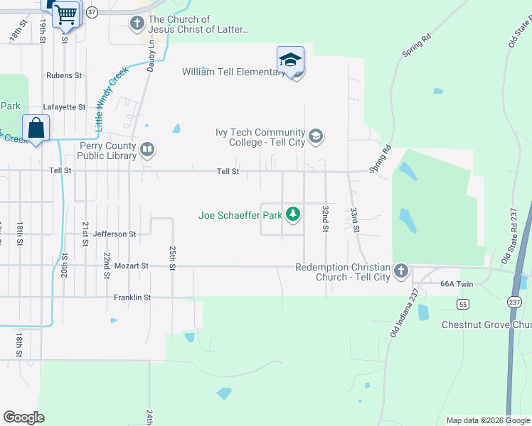 map of restaurants, bars, coffee shops, grocery stores, and more near 29th Street in Tell City