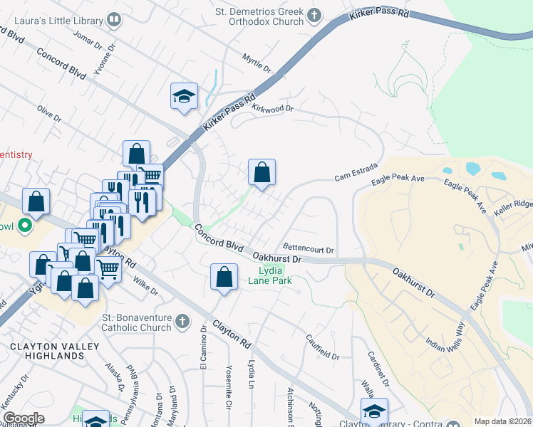map of restaurants, bars, coffee shops, grocery stores, and more near 1833 Camino Estrada in Concord