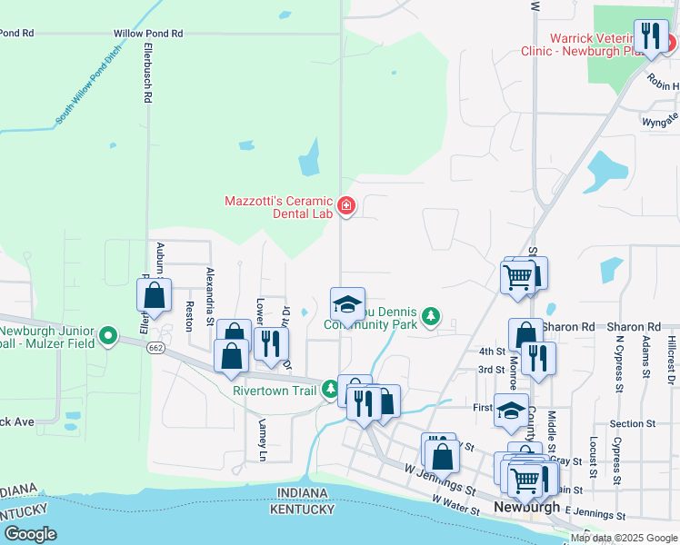 map of restaurants, bars, coffee shops, grocery stores, and more near 5630 County Road 900 West in Newburgh