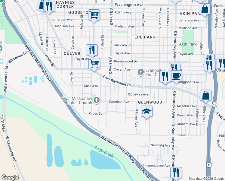 map of restaurants, bars, coffee shops, grocery stores, and more near 1733 South Morton Avenue in Evansville