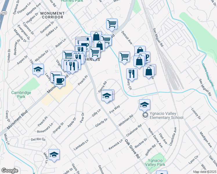 map of restaurants, bars, coffee shops, grocery stores, and more near 1036 Oak Grove Road in Concord