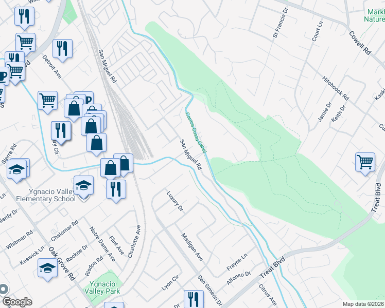 map of restaurants, bars, coffee shops, grocery stores, and more near 928 San Miguel Road in Concord